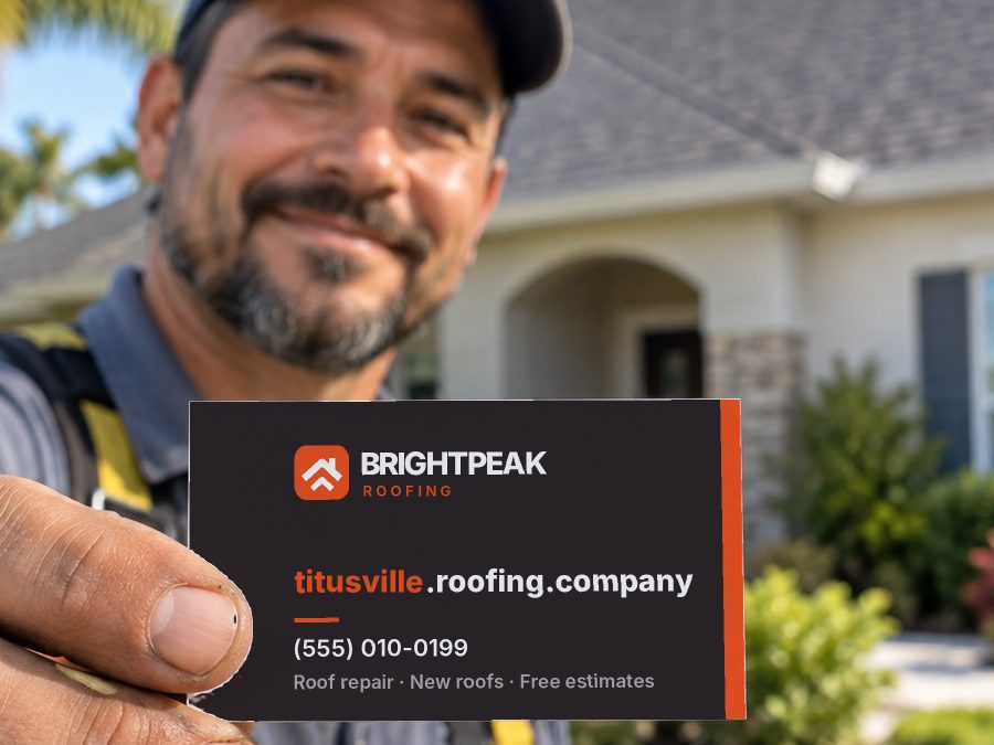 titusville.roofing.company on a roofer's business card