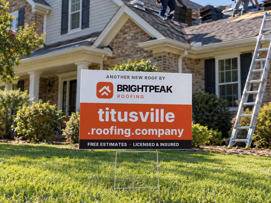 titusville.roofing.company on a yard sign in front of a house getting a new roof