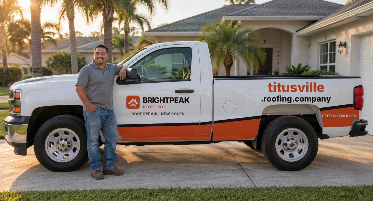 titusville.roofing.company painted on the side of a white work truck