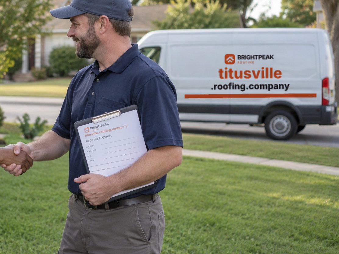 titusville.roofing.company on a roofing van and an inspection form